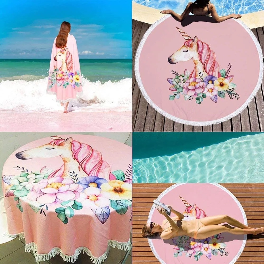 NWOT Unicorn Floral 60” Round Circle Beach Picnic Table Blanket w/ Tassel Fringe